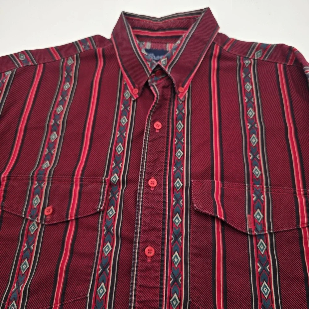 VTG Wrangler Shirt Mens XL Red Aztec Tribal X Long Tail Western Cowboy 17 1/2 35